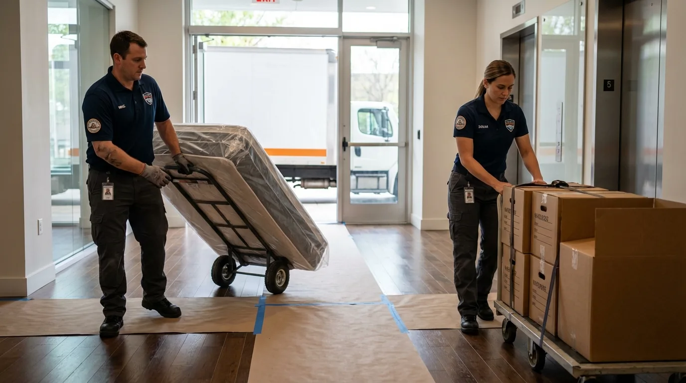Professional apartment movers loading elevator in Lebanon Junction, KY