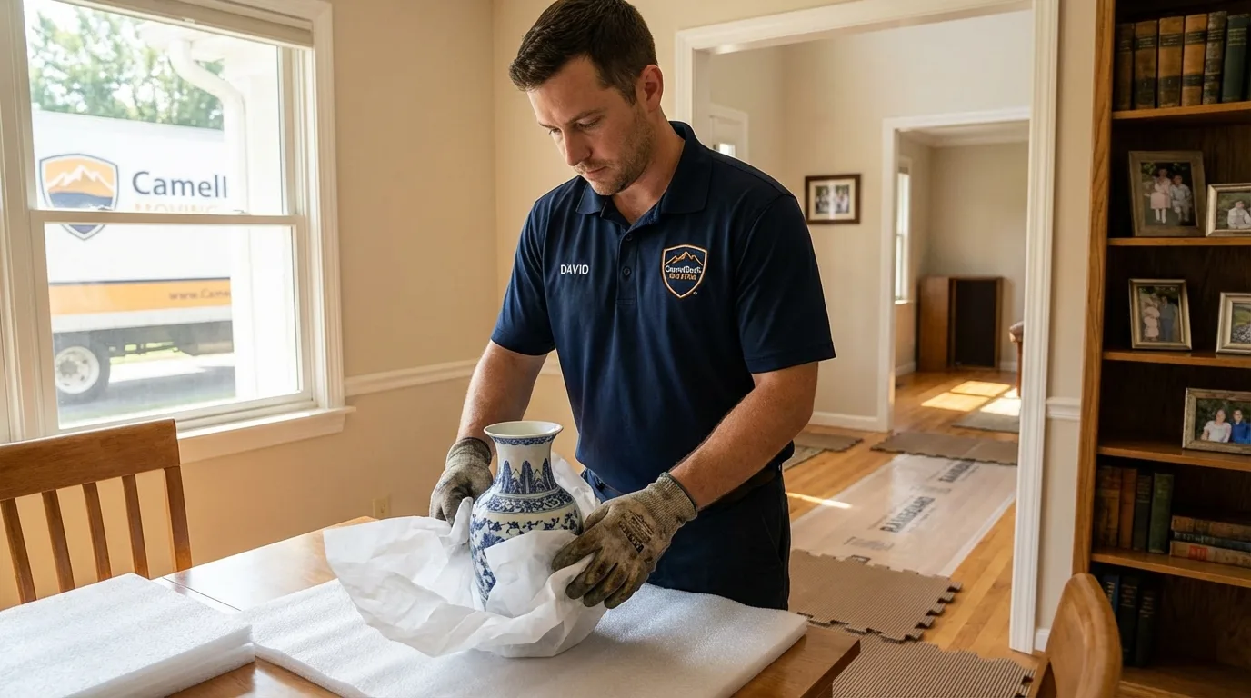Professional crew carefully wrapping antique vase for senior downsizing move in Lebanon Junction, KY